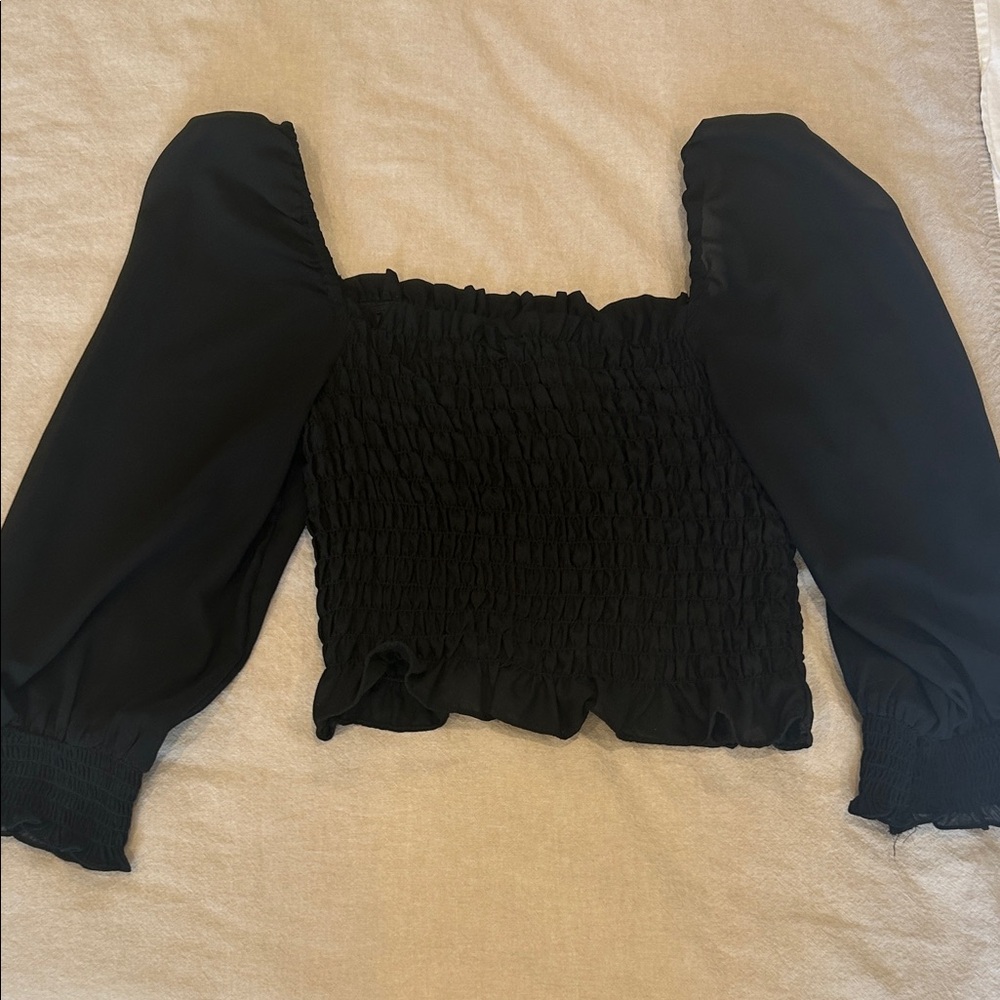 H&M Black Smocked Puff Sleeve Blouse